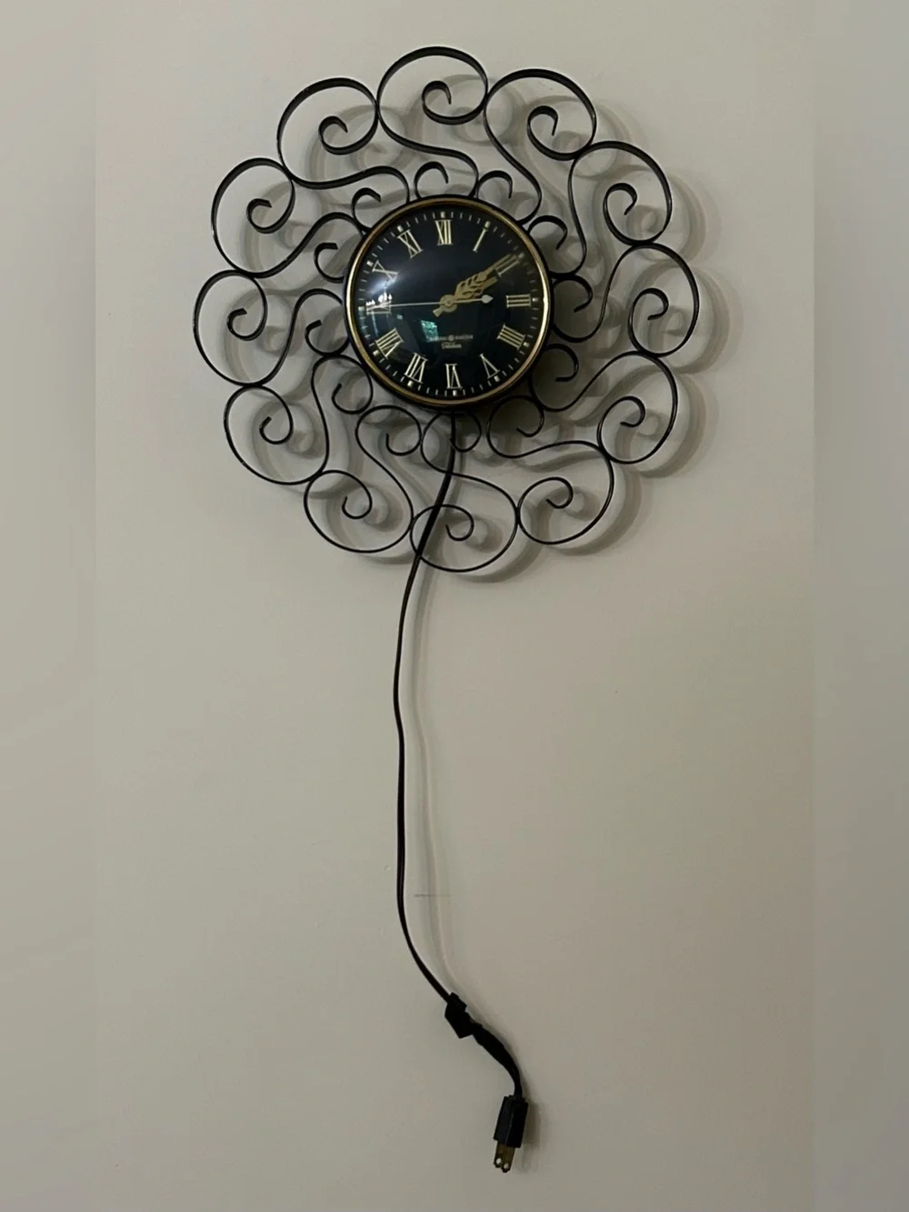 True Vintage Mid Century 1950's Classic Black Metal Scroll Wall Clock